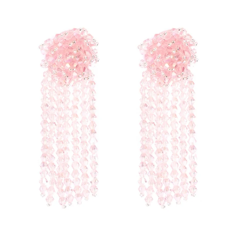 

Dina Summer Fashionable Bohemia Crystal Handmade Weaving Flower Earrings With Tassel, Pink, white