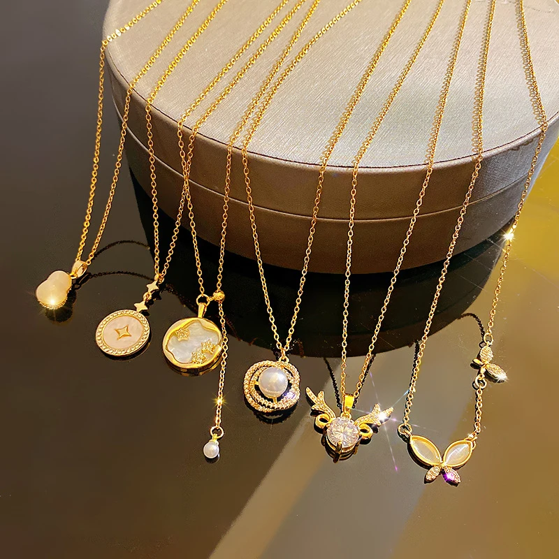 

Luxury Shiny 18k Gold Stainless Steel Pearl Zircon Heart Butterfly Pendant Necklace Women Layered Cz Opal Snake Flower Necklace