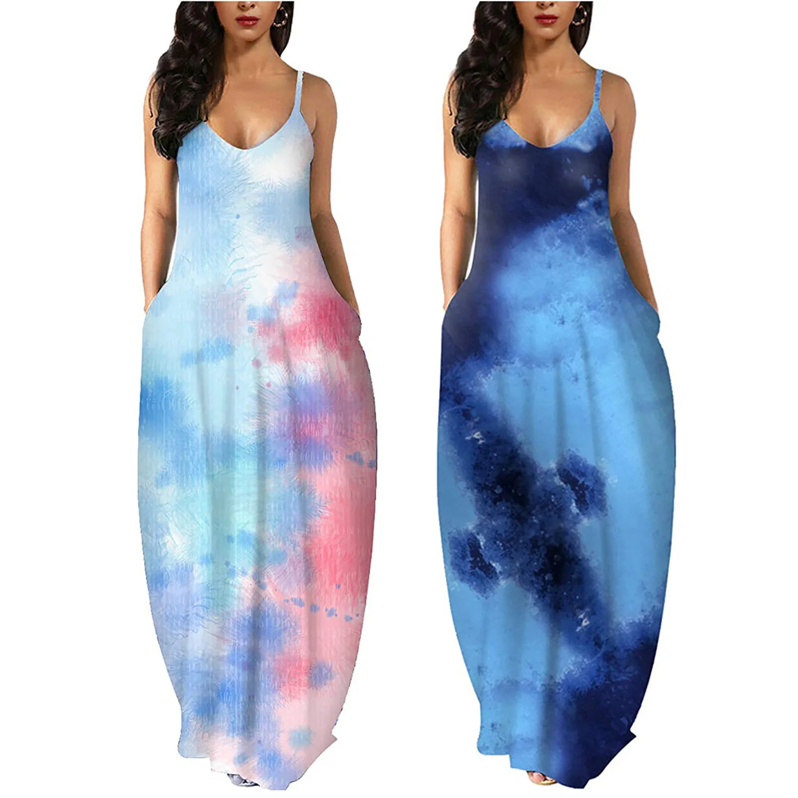 

Women's Sleeveless Loose Tie-dyed Print Maxi Dress Casual Vest Pocket Summer Boho Beach Long Dresses Plus Size Clothing Women