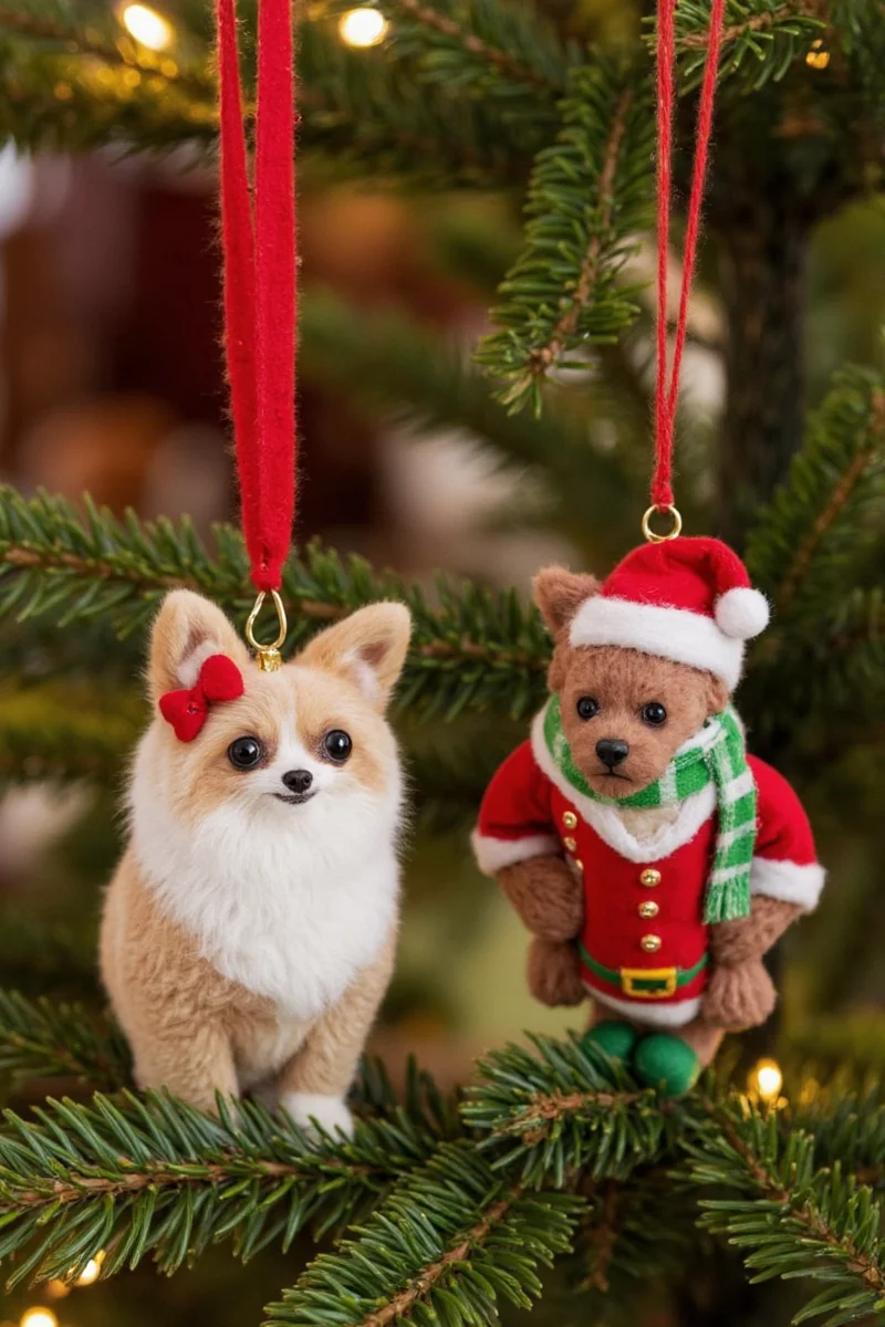 A ceramic ornament featuring a white rabbit sitting in a red sleigh with green wheels, decorated with candy cane stripes.