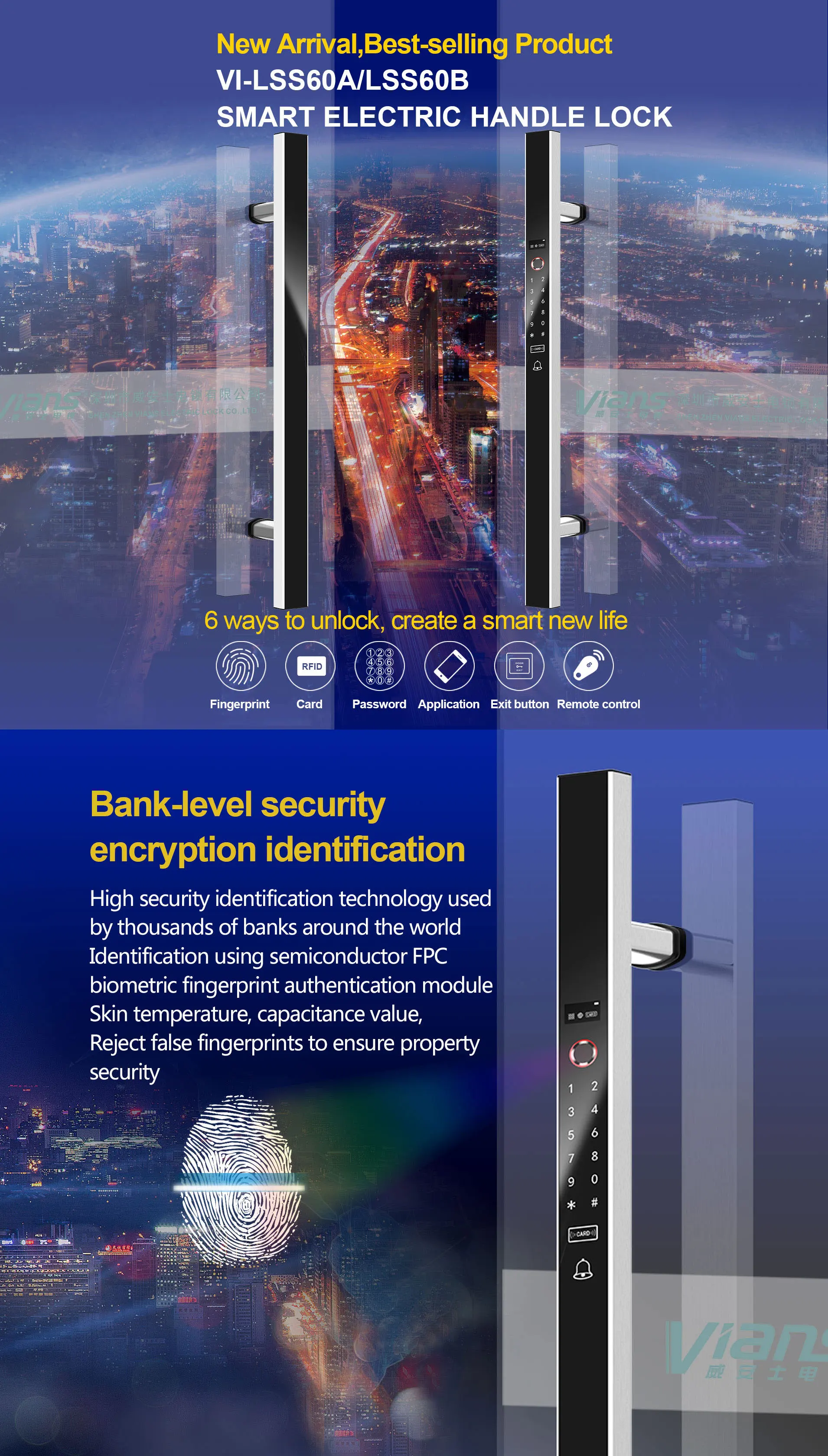 Home Smart Biometric Sliding Glass Door Handle With Key Lock