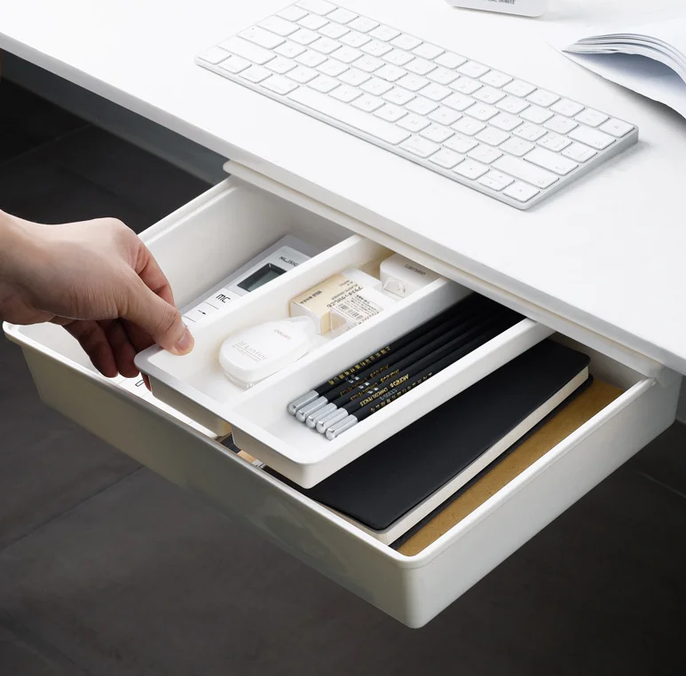 

Plastic under Desk Organizer Drawer Pencil Tray with Self Adhesive Hidden, White/grey