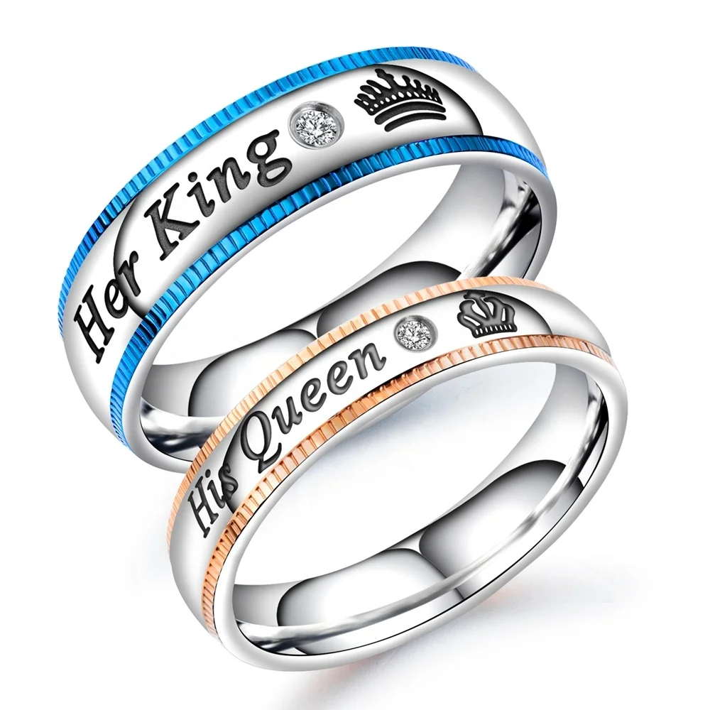 

Wholesale OEM I Love You His Queen Her King CZ Crown Engagement Couple Ring Engagement, Blue, rose gold plated or custom design