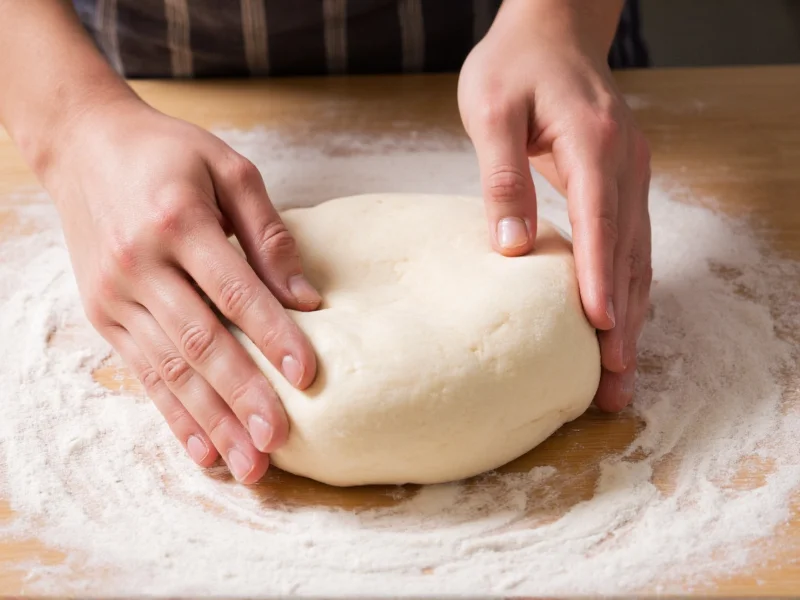 Hands kneading smooth elastic bread dough on floured surface