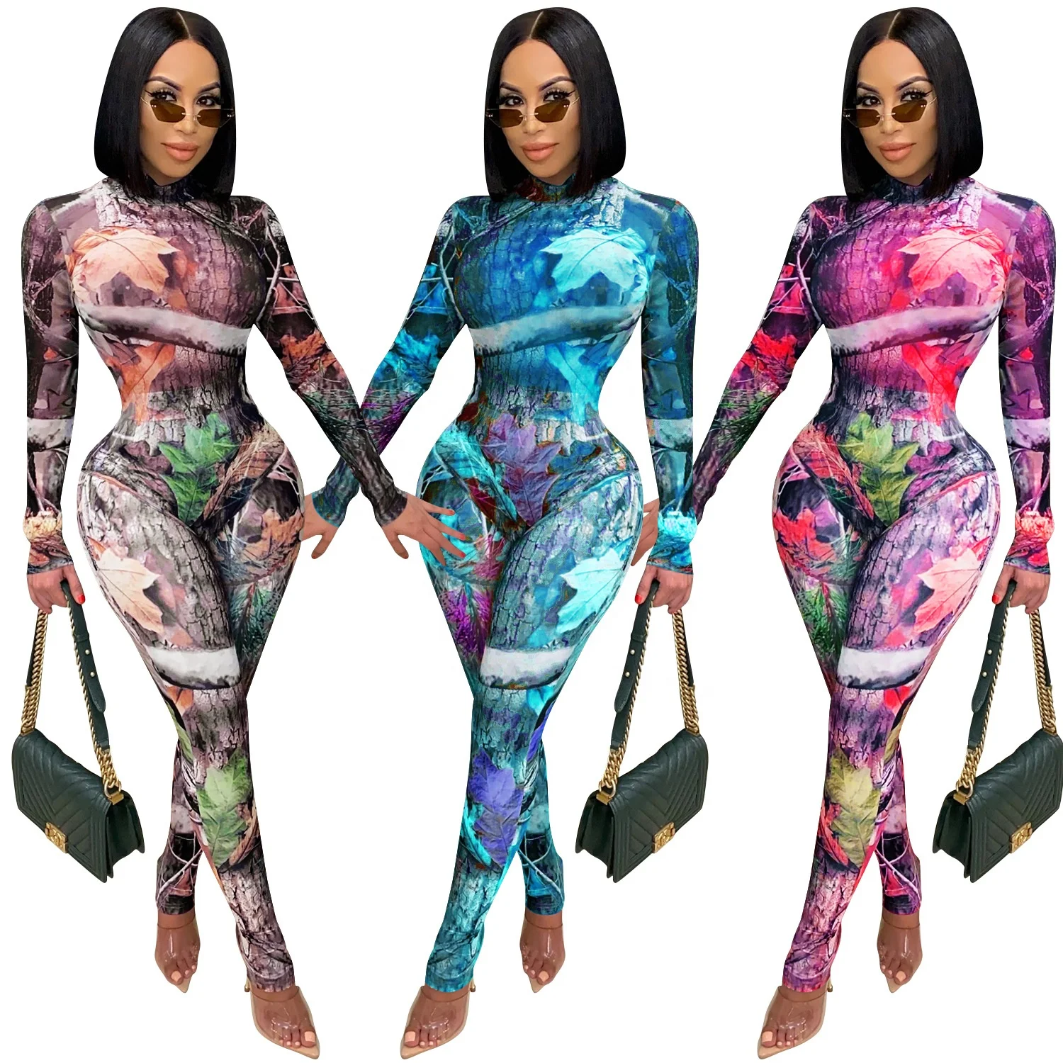 

Sexy Mesh Transparent Floral Print Stand Neck Long Sleeve Two Piece Set Jumpsuits Stylish Sexy Bodycon Women Club Party Romper