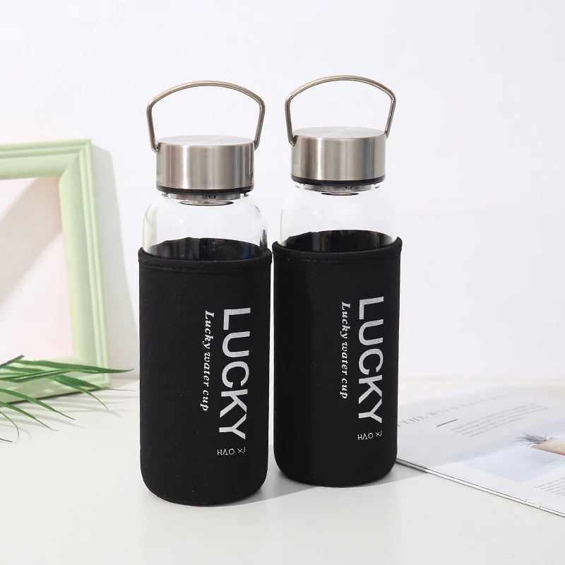 

Mikenda Hot Selling glass water Bottle with Protective Bag BPA Free Travel Drink Bottle with stainless steel handle