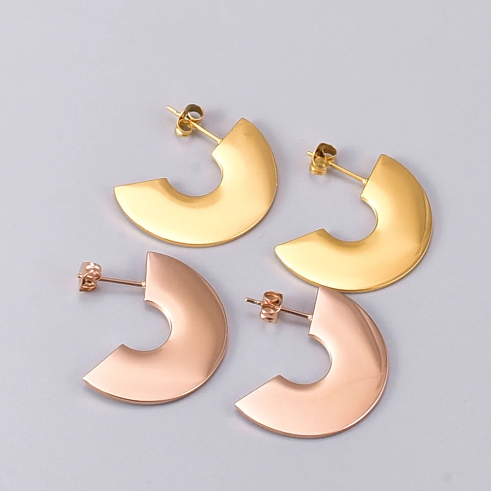 

French Elegant Women Jewelry Chunky Flat Stud Hoop Earrings Stainless Steel Polished Two Tone Half Round Hoop Earring