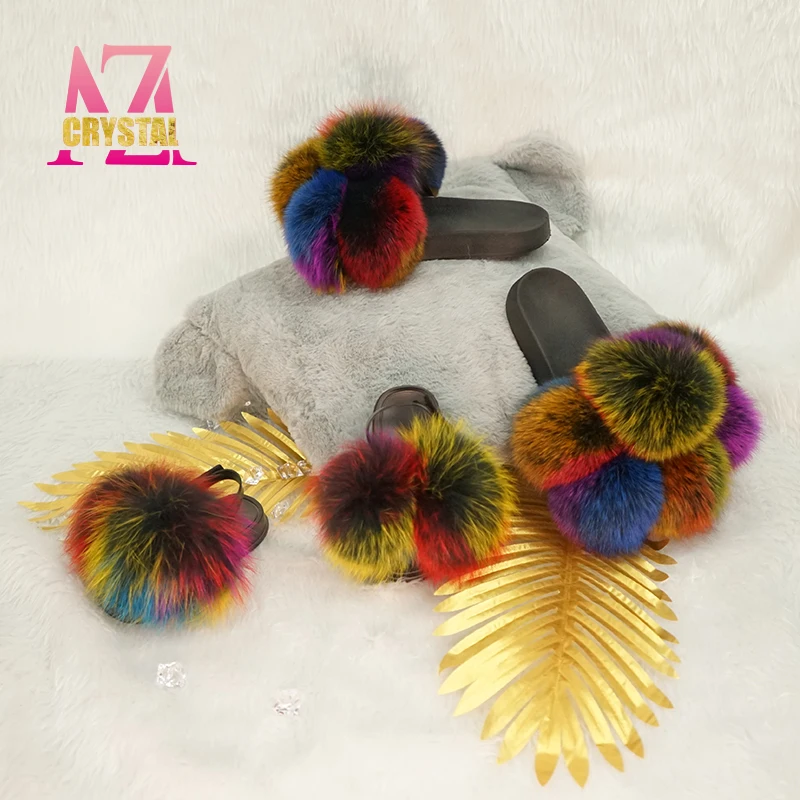 

Mommy and me summer luxury colorful real fox plush fluffy fur pom pom slides platform fur slippers sandals for kids with strap, Any color can make