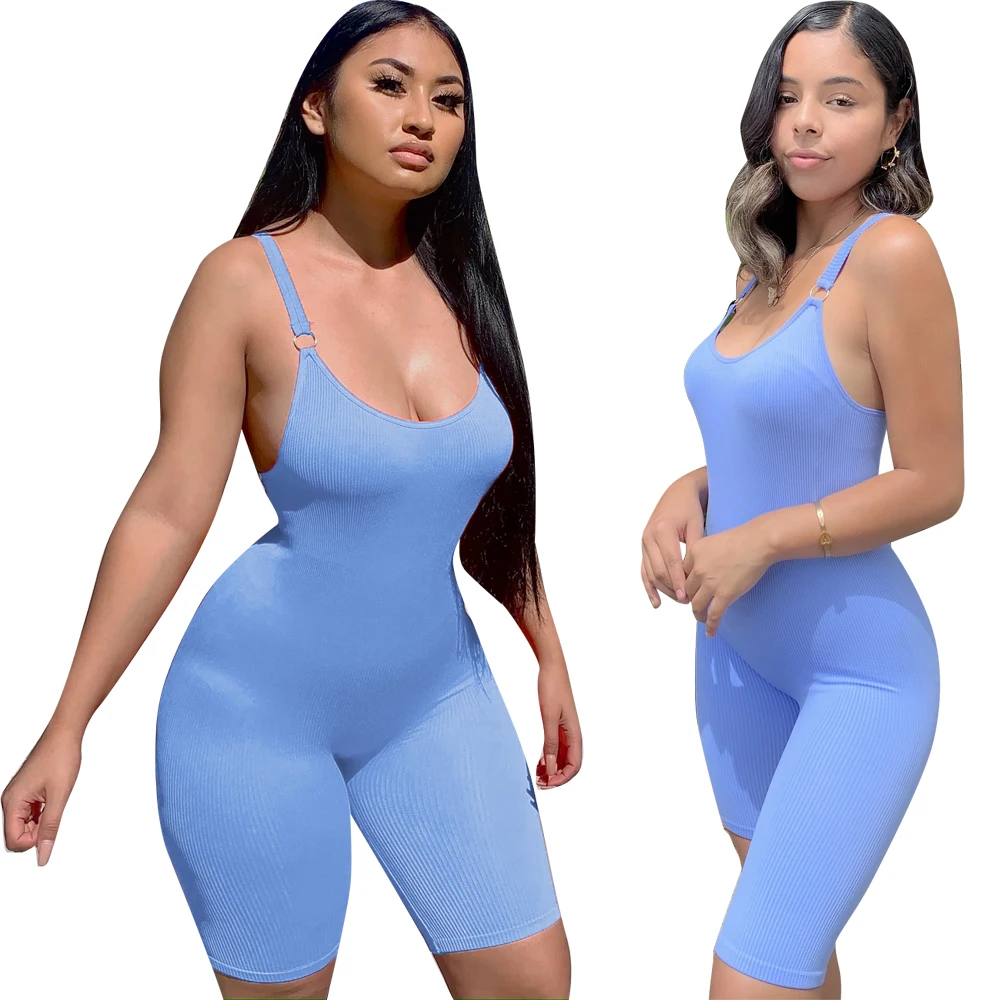 

ABgirl 2021 summer women fashion sexy backless skinny outfits one piece sky blue bodycon knitting shorts pants jumpsuit rompers