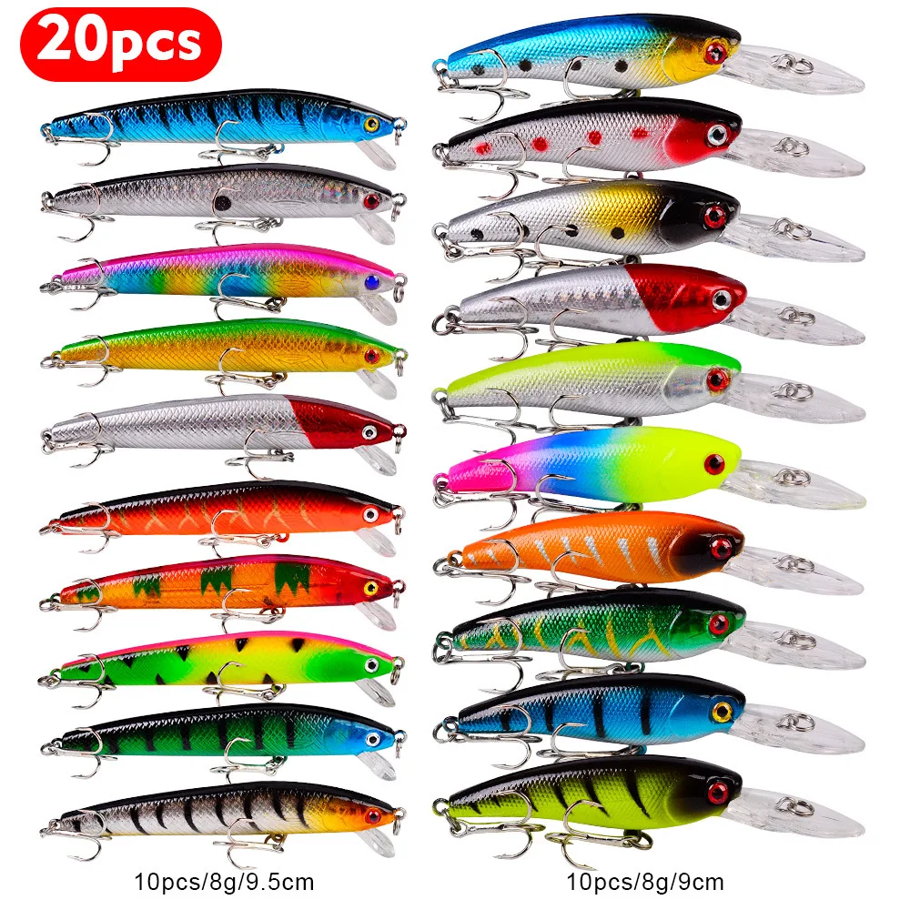 

20PCS Mixed fish kit Minnow Wobblers Crankbait Hard Bait Tackle Artificial Fishing Lure Set, Vavious colors