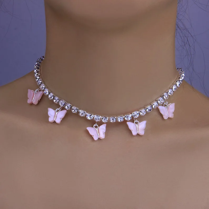 

Butterfly Jewelry Pink Acrylic Butterfly Rhinestone Crystal Tennis Chain Choker Necklace Acrylic Butterfly Pendant Necklace