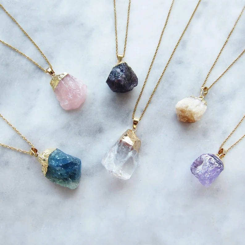 

2021 Amethyst Rose quartz Birthstone Raw crystal natural druzy stone 18k gold 925 sterling silver moon crystal pendant necklace