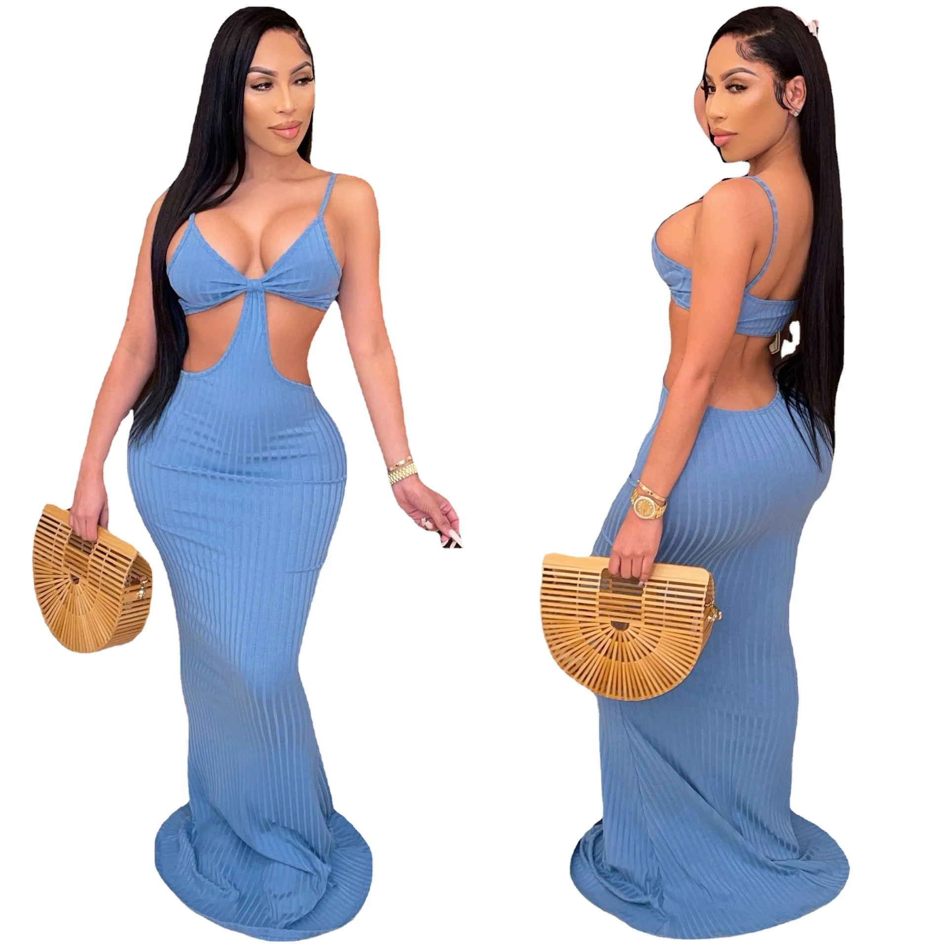 

Candice hot sale lable free vacation knitted Floor length skirt cut out long lingerie slip backless party dress