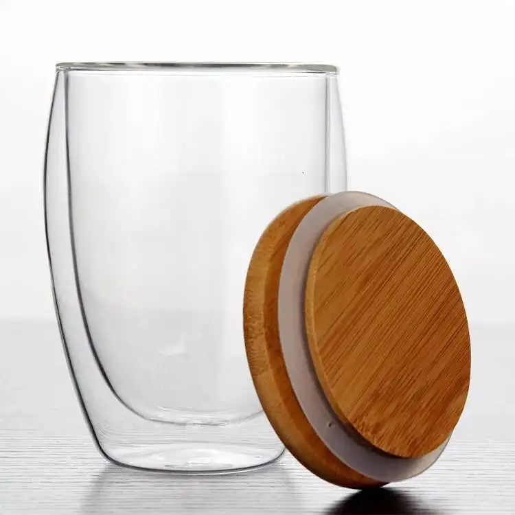 

high borosilicate double wall glass coffee cup with bamboo lid, Clear