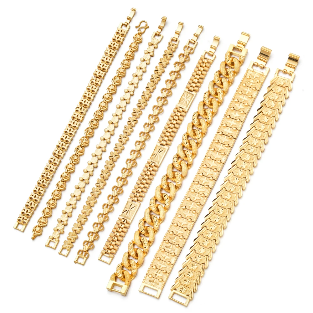 

Punk 24K Gold Plated Multi shape trendy Bracelet Curb Cuban Chain Gold Color brass Bracelets Bangle For Men Women Jewelry Gifts