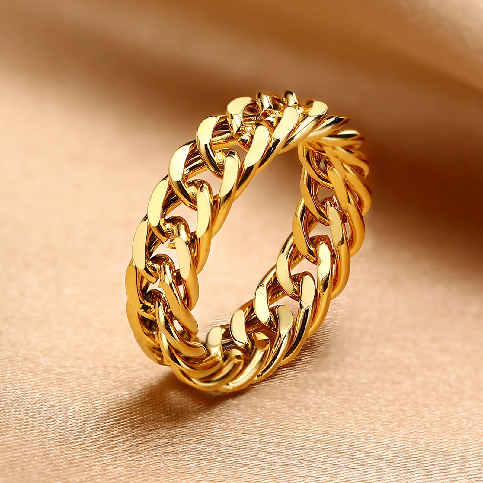 Wholesale Custom Fashion Gold Finger Jewelry Dainty Women 18K Gold Plated Stainless Steel Cuban Link Chain Rings