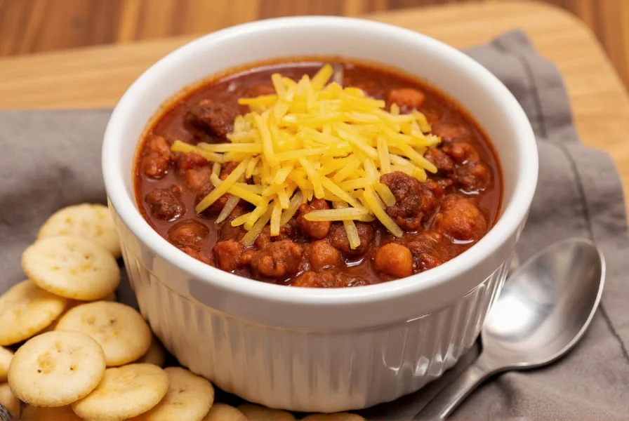 Steak and Shake chili served in white ceramic bowl with cheese topping and oyster crackers on side