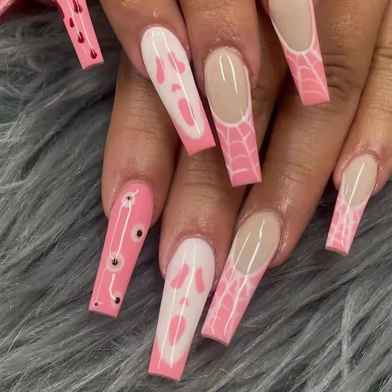 

Halloween 24pcs press on nail pink false nail ghost face print long ballet nail detachable artificial fingernail