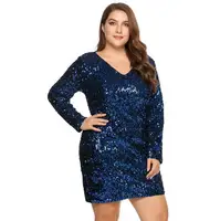 

Plus size v-neck long-sleeved sexy women sequin evening dress with buttocks