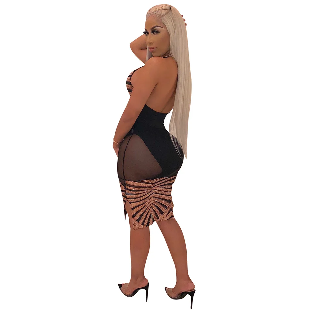 2019 deep V night party sexy women clothing bandage sleeveless mesh nightclub sequin dress