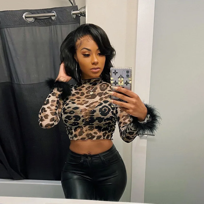 

Women Sexy Clothing 2021 Nightclub Style Wrap Neck Fashion Short Crop Crop Leopard Print Casual Mesh Longsleeve T-Shirt