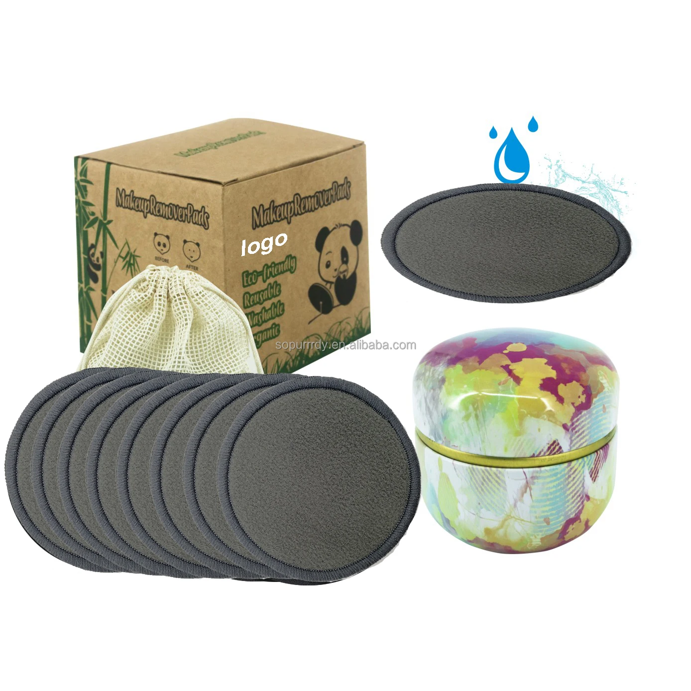 

Custom Logo Zero Waste 12pcs Bamboo Reusable makeup remover pads with laundry bag Tin Case