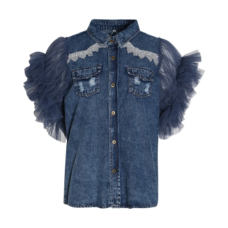 

TWOTWINSTYLE Mesh Patchwork Women For Denim Jacket Sleeveless Button Big Size Female Tops