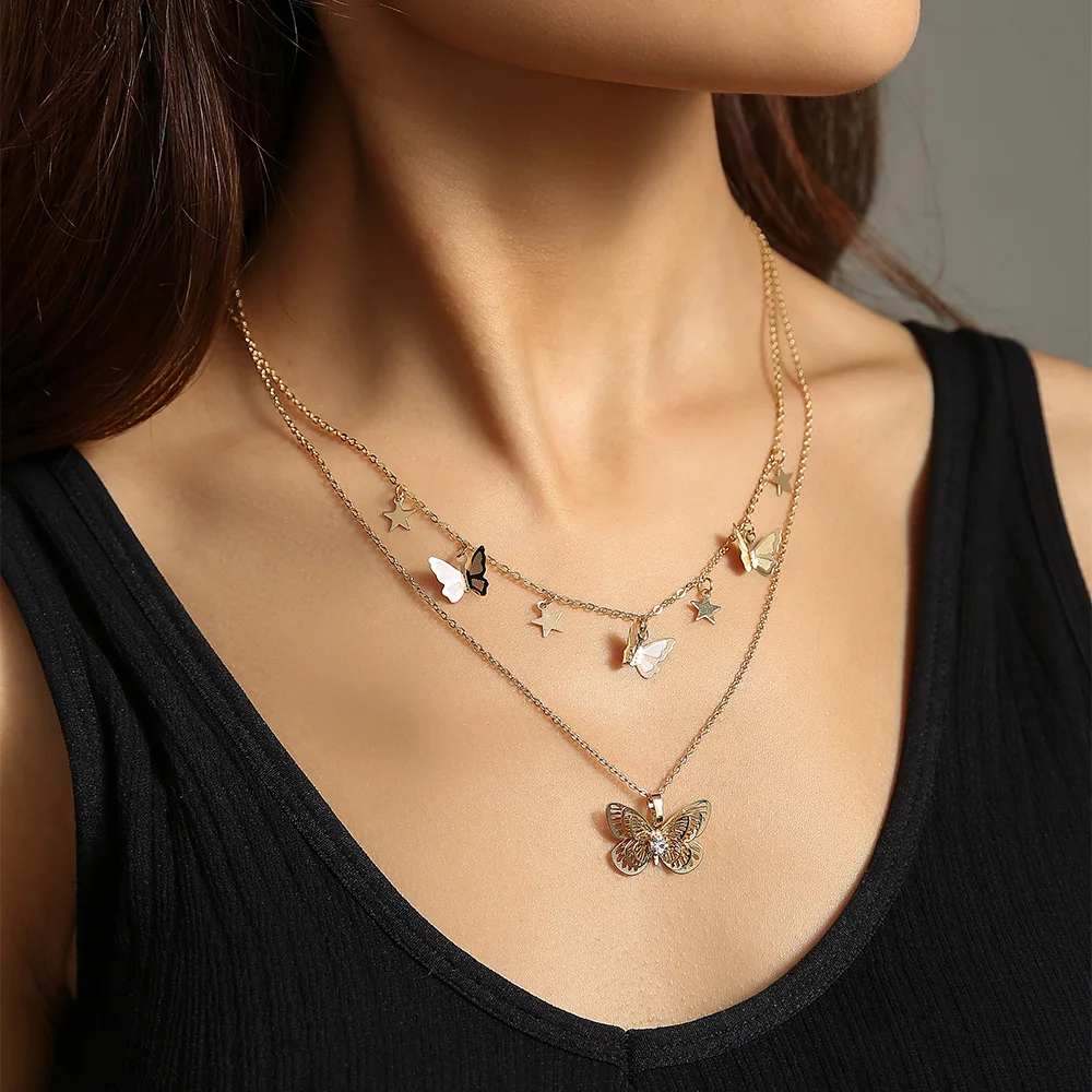 

Fashion Layered Star Pendant Necklace Women New Metal Hollow Butterfly Choker Statement Necklace, As showed