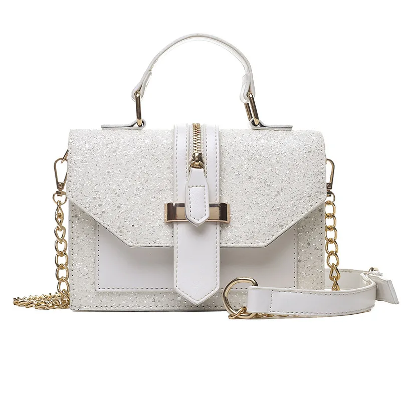 

Korean version of fashion with classic sequins Chain one-shouldered Oblique Cross hand-held small square bag, As picture