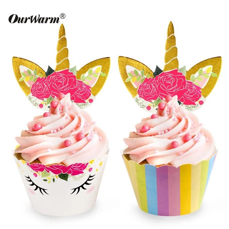 

OurWarm 12pcs Baby Shower Kids Birthday Party Favor Unicorn Cupcake Wrapper Topper For Unicorn Party, Colorful