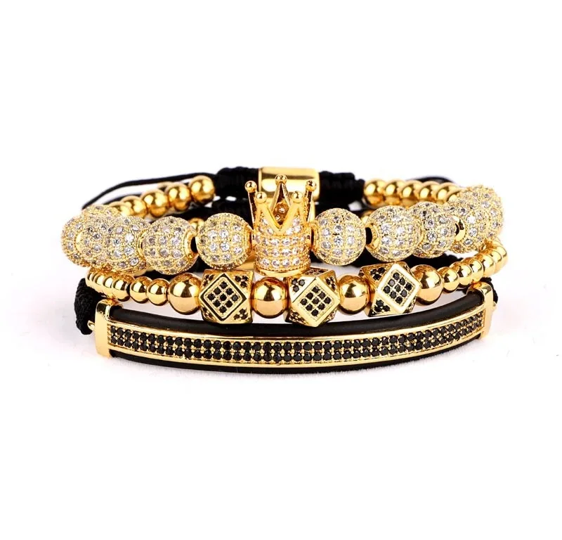 

3Pcs/Set 18k Gold Plating 8mm Cz Balls Crown Bracelet Set Men's Adjustable Braid Crown Bracelets, 4 colors