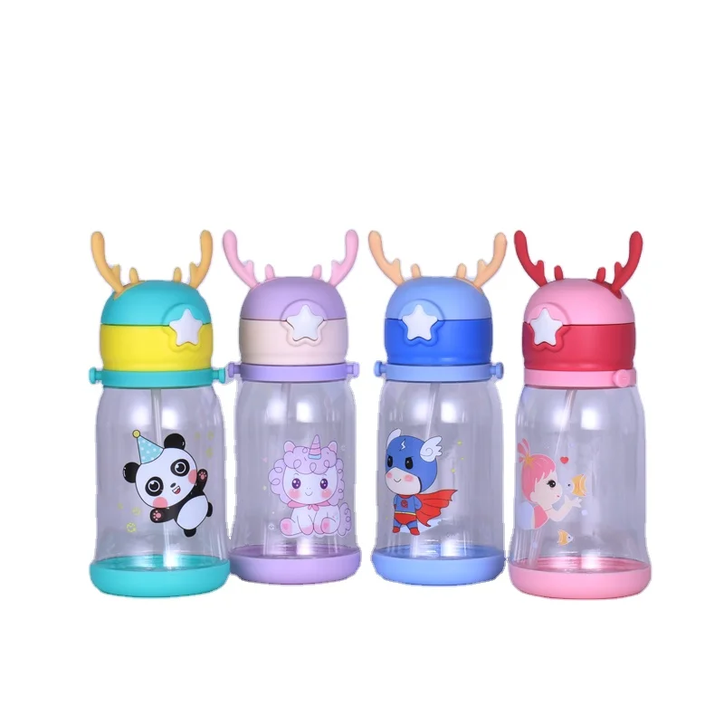 

Children School Outdoors Sports Water Bottles Kids Cartoon Pattern Plastic Bottles with Shoulder Strap Antler Lid Soft Straw, Customized color acceptable