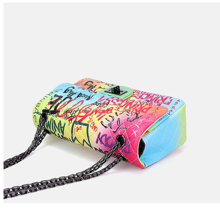 
2020 fashion PU leather ladies crossbody bag new rainbow color shoulder bag graffiti purse Designer women bags handbag 