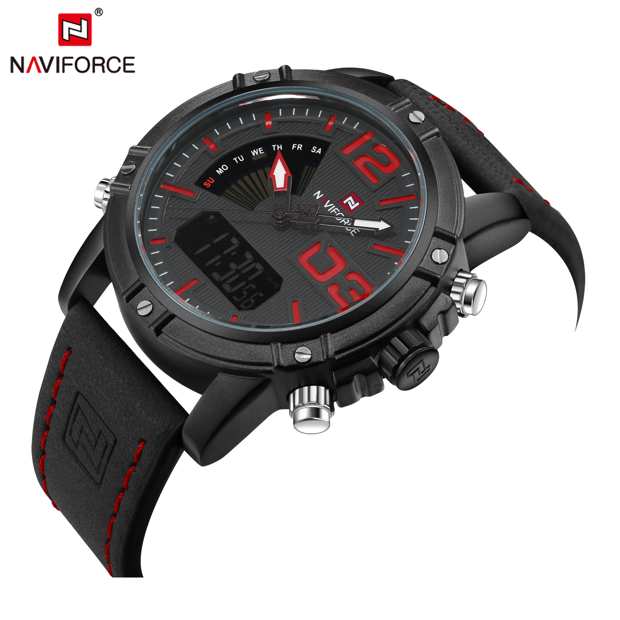 Naviforce 9095 Luxury Brand Leather Strap Digital Analog Sport Men's Military Wristwatch