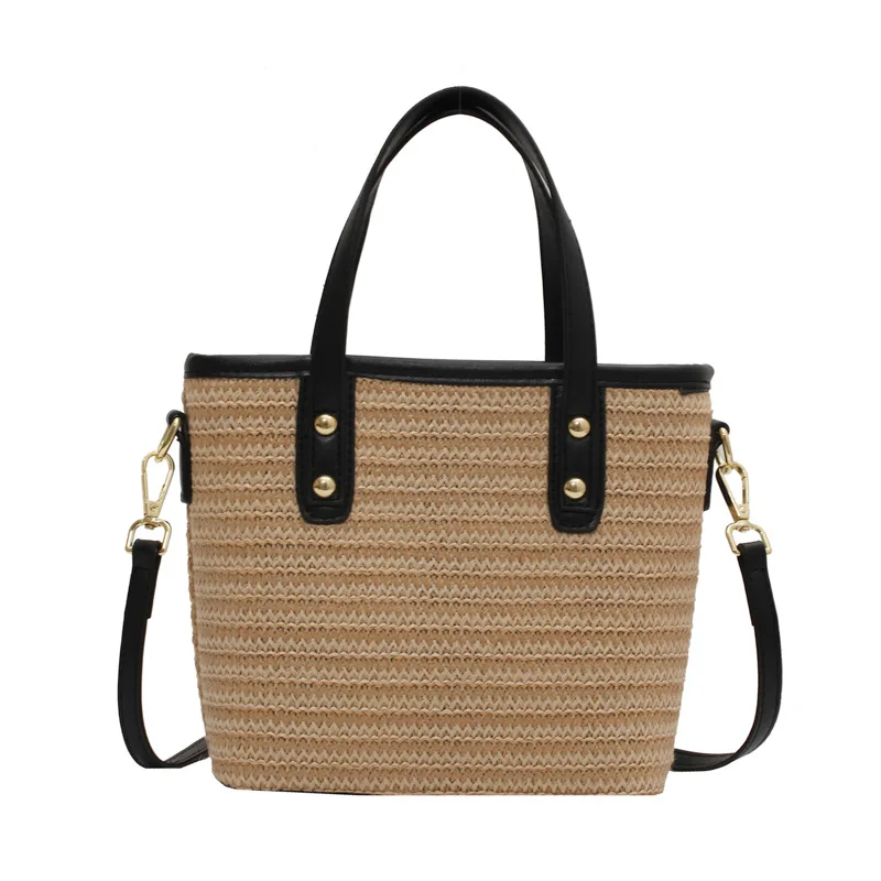 

2021 women fashion  capacity popular paper straw and leather tote bucket shoulder hand bag, Natural