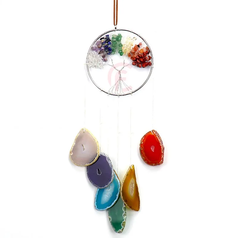

Natural Stone 7 chakras wire wrapped tree of life hang Ornaments Gemstone Natural Agate slices Hang decorations