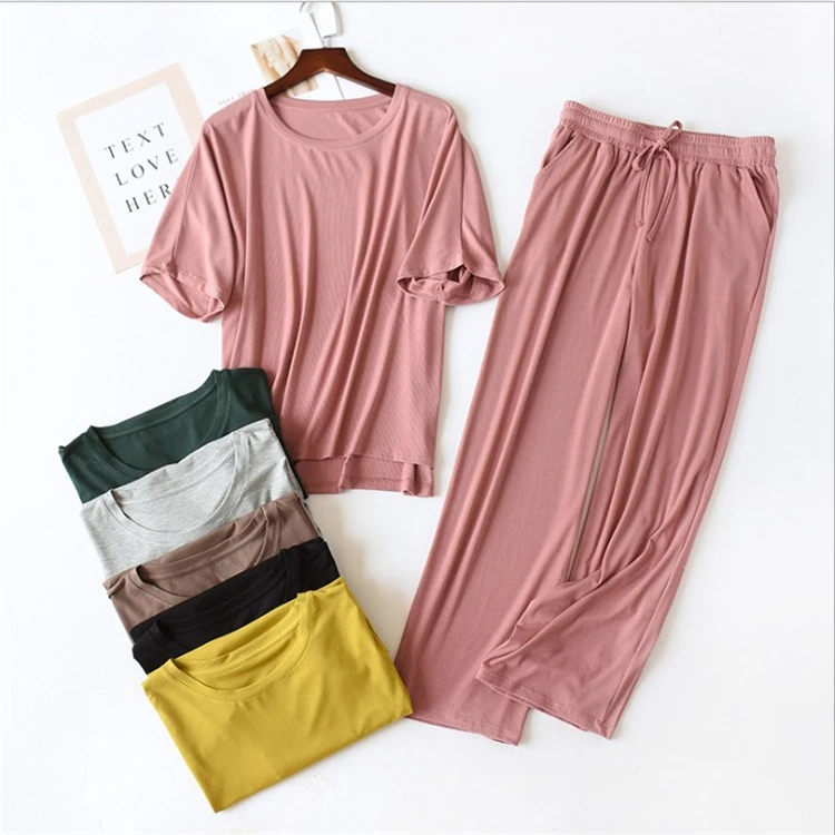 

China Wholesale Clothes Women 2pcs Long Sleeve Modal Pajamas Set Solid Nightwear, As picture shows