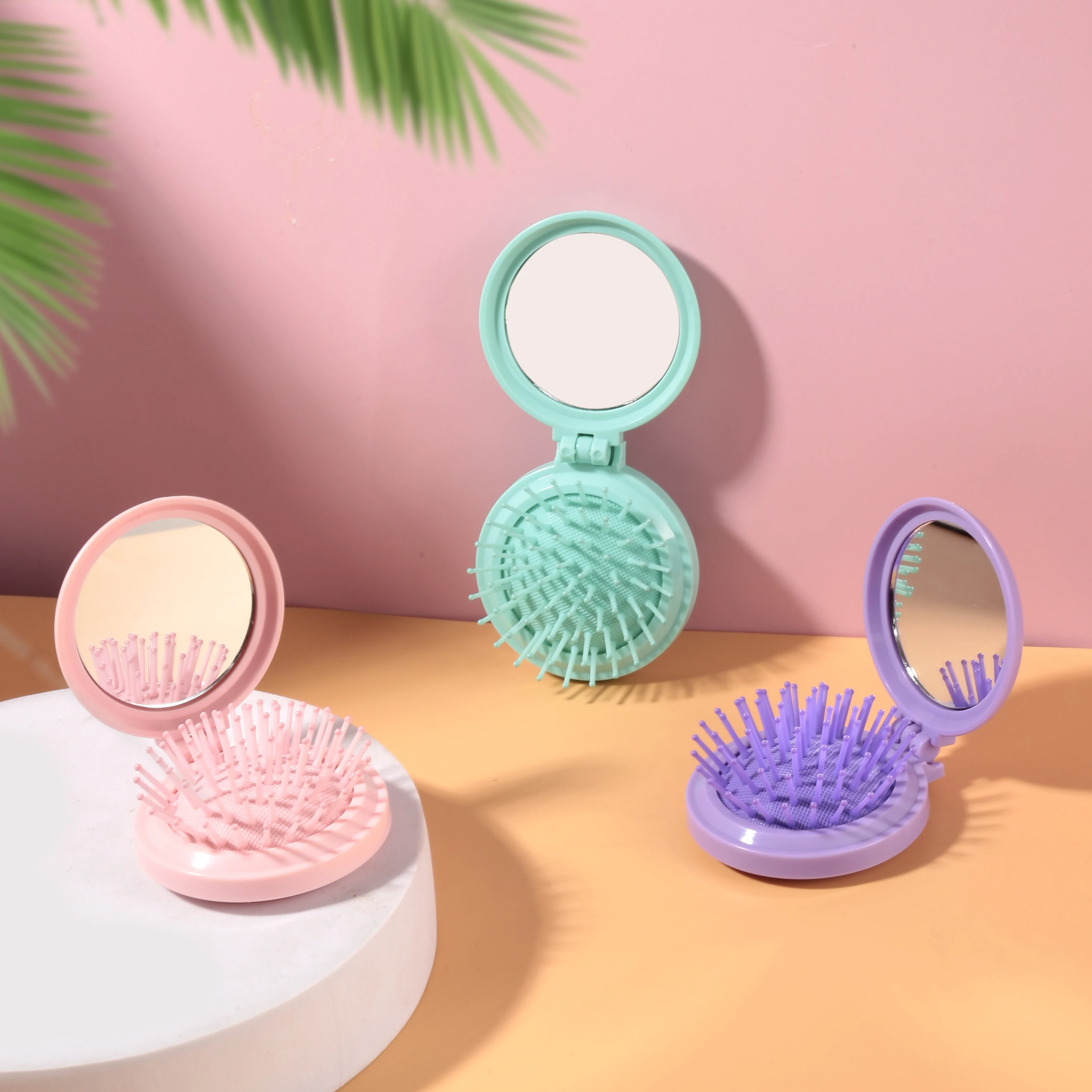 

Factory direct sale portable folding pocket mini hair mirror comb travel round folding comb with mirror, As the picture or customized