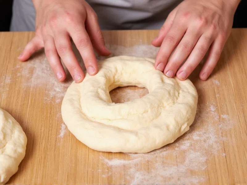 Hands shaping bagel dough on wooden surface