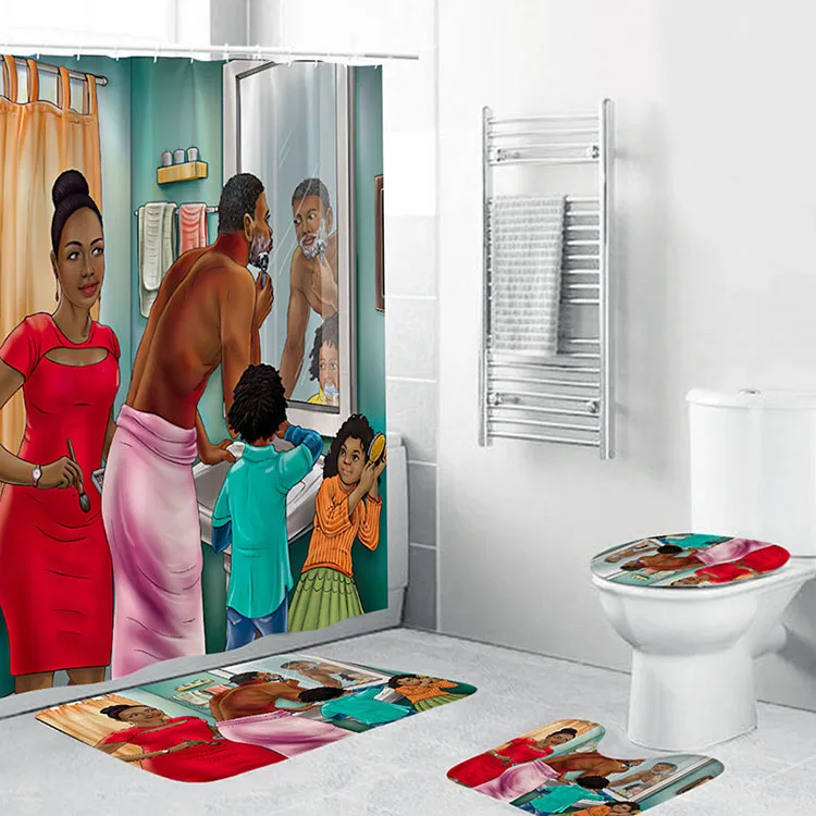 

New Design African Afro Style 3D Print Bathroom Sets Family Kids Shower Curtain and Rugs