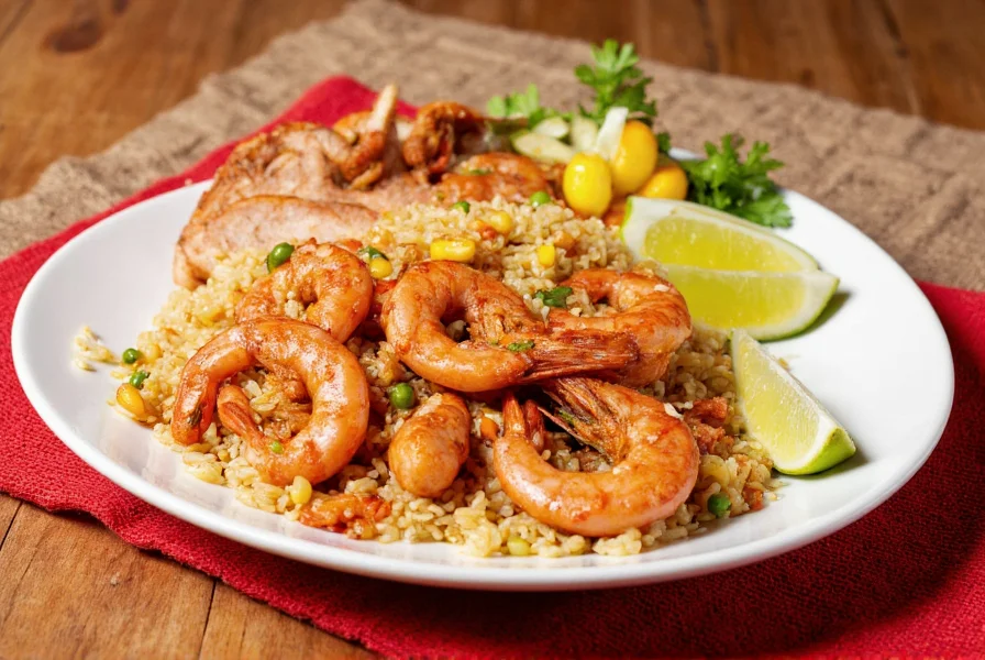 Plated Jamaican pepper shrimp served with rice and peas and fresh lime wedges on traditional Caribbean table setting