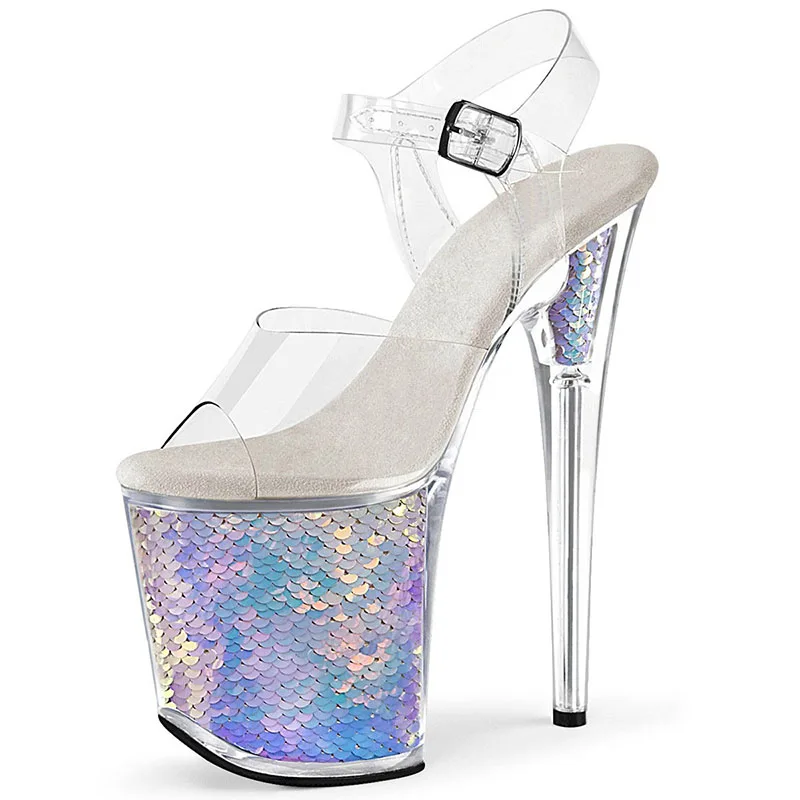 New Sequin Bottom 20cm Pole Dance High Heels Platform Leaky Toe Large Banquet Party Women's Summer Sandals