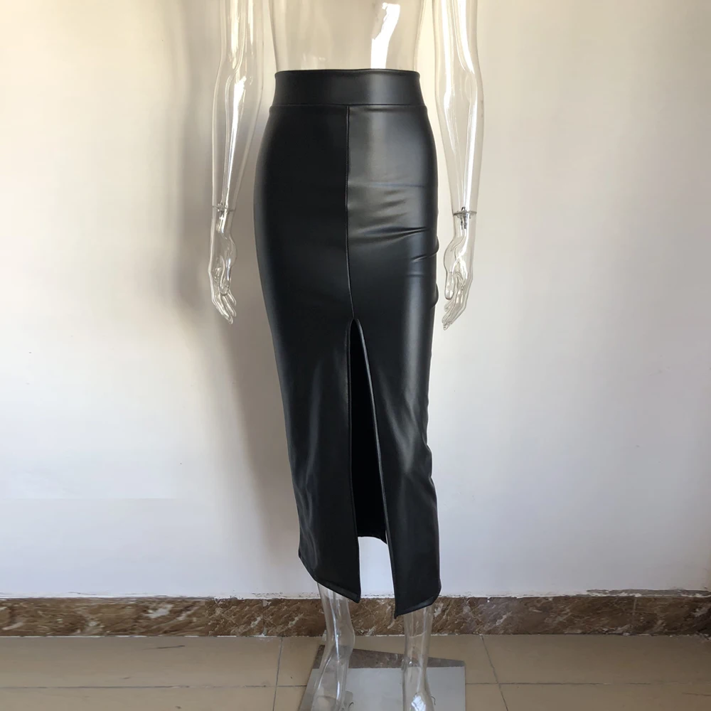 
8298 Wholesale Ladies Button Design PU Leather Long Skirt 