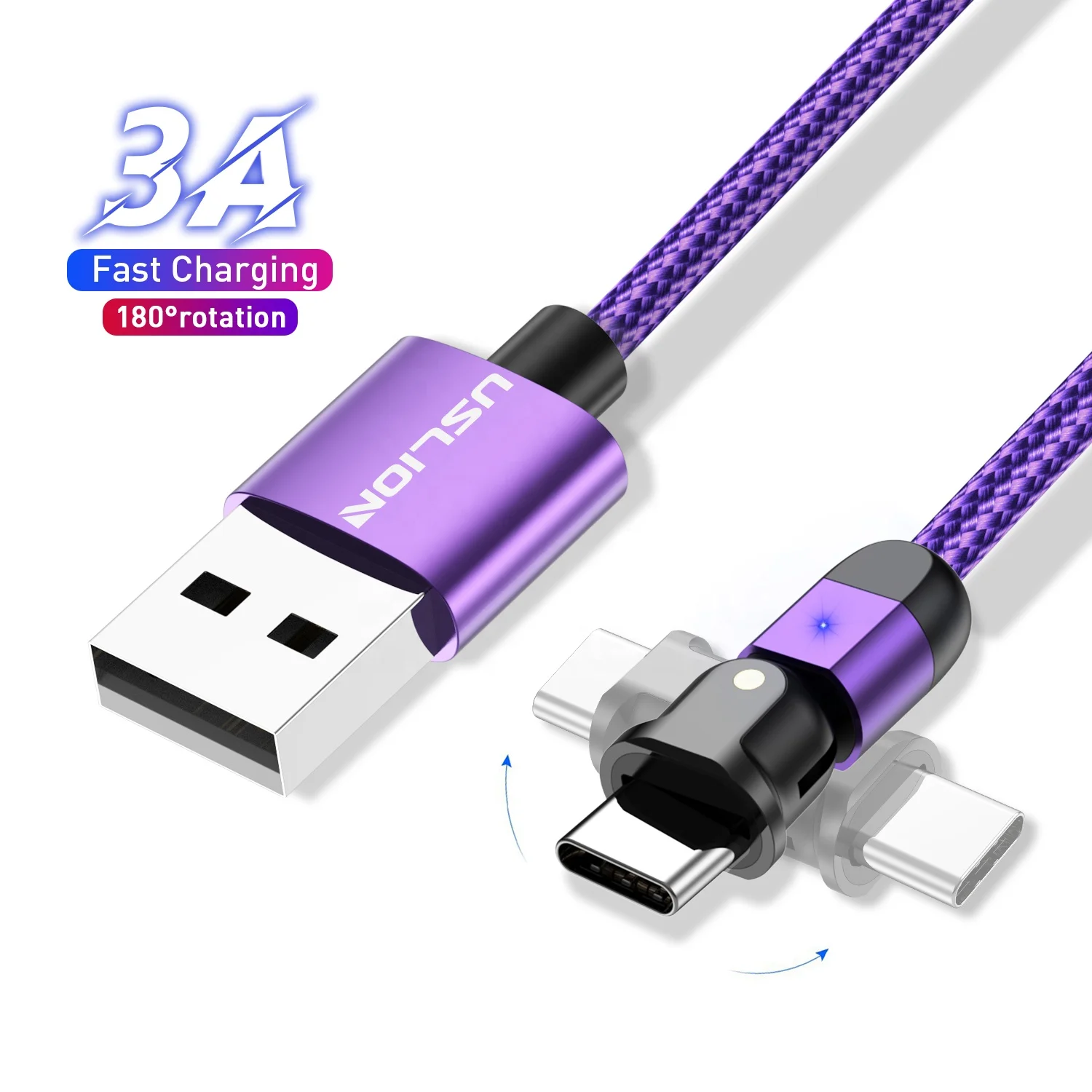 

USLION 3A USB Type C Cable 1M 180 Angle Fast Charging USB C Cable Mobile Phone USB Cord for Samsung, Black/red/silver/purple