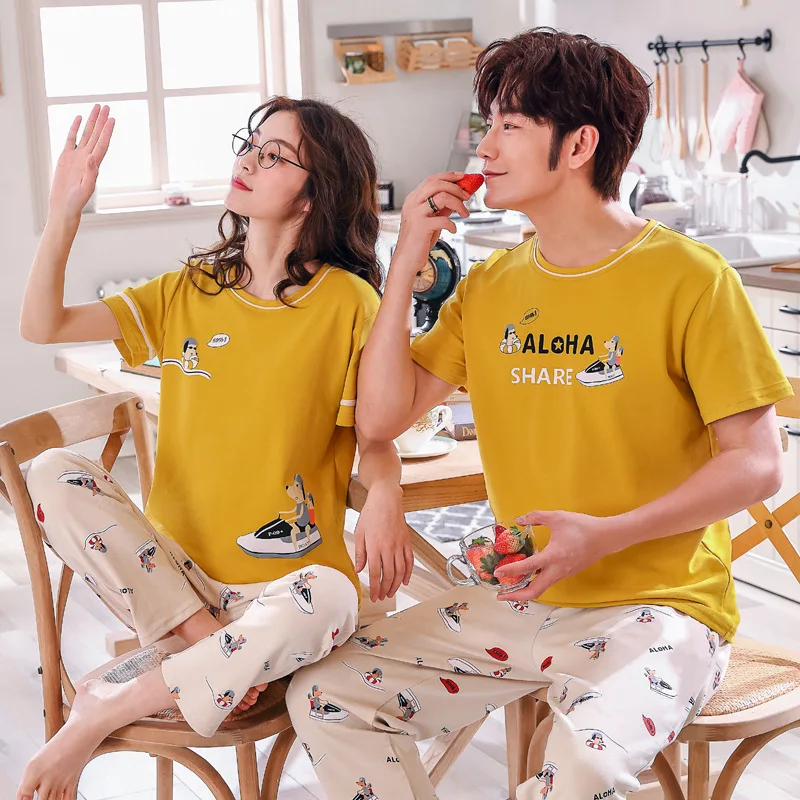 

2 pcs/set Women Men Couple Sleepwear Suit Cotton Pajamas Causal Summer Short Sleeve Shorts Sleepwear Couple Pajama Sets, As pictures