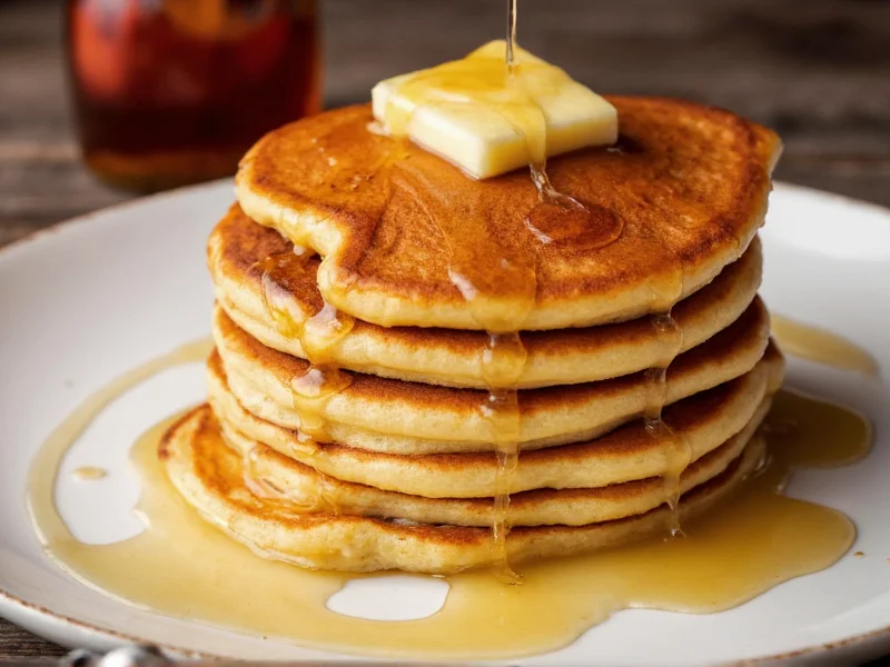 Stacked pancakes with melted butter and warm maple syrup drizzle