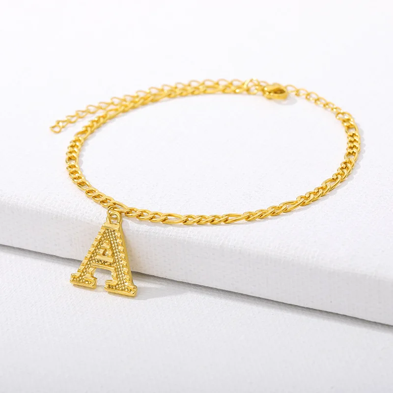 

18k Gold stainless steel Figaro Chain Initial Foot Jewelry Women summer beach Bracelet 26 capital Letter Alphabet anklet