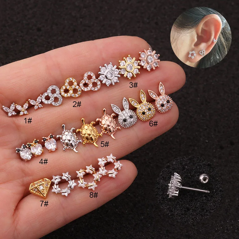 

Fashion gold and silver rose gold stainless steel fine needle screw zircon stud earrings for women allergy free stud