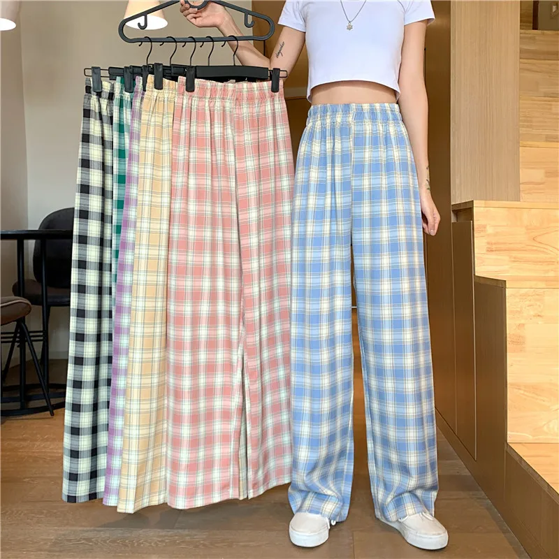 

Spring And Autumn 2021 Wide Leg Pants Women's High Waist Casual Plaid Loose Pants For Women