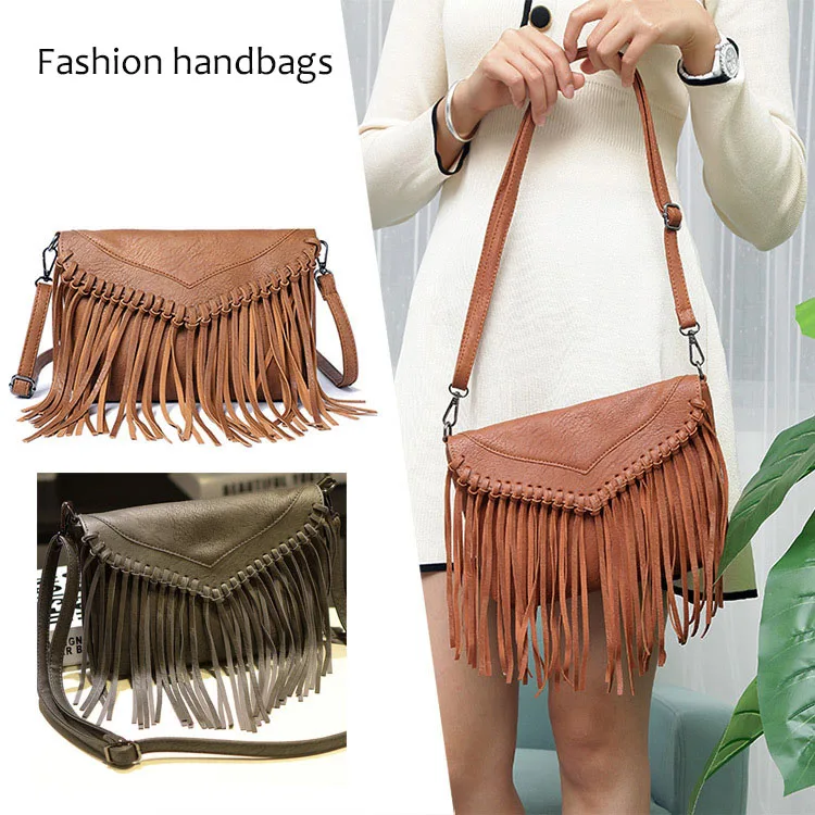 

2021 fashion retro tassel girls crossbody handbags ladies boho bag pu leather women tote fringe purse, 3 colors